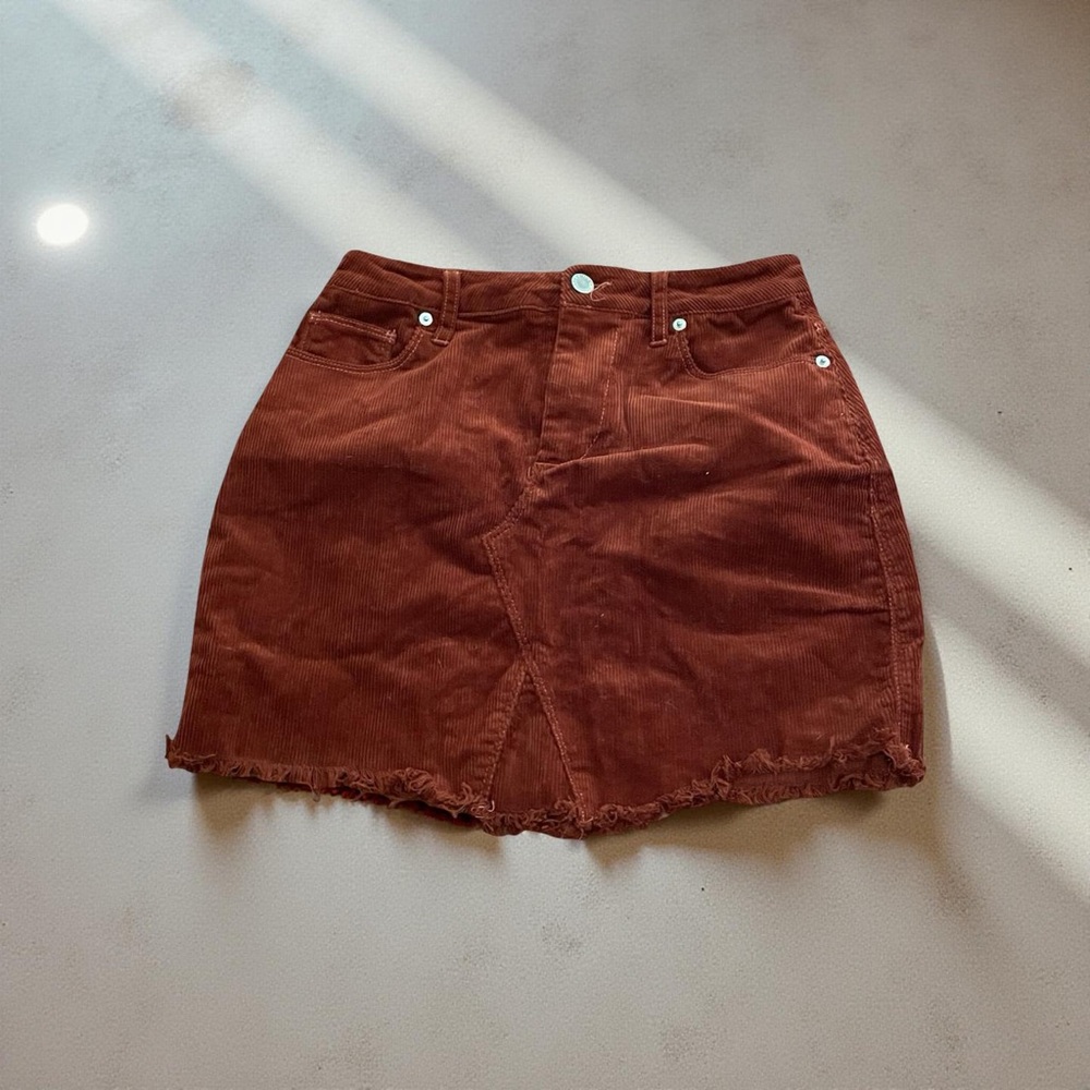 Love Tree rust corduroy mini skirt cotton spandex size SMALL belt loops 5 pocket - Picture 3 of 13